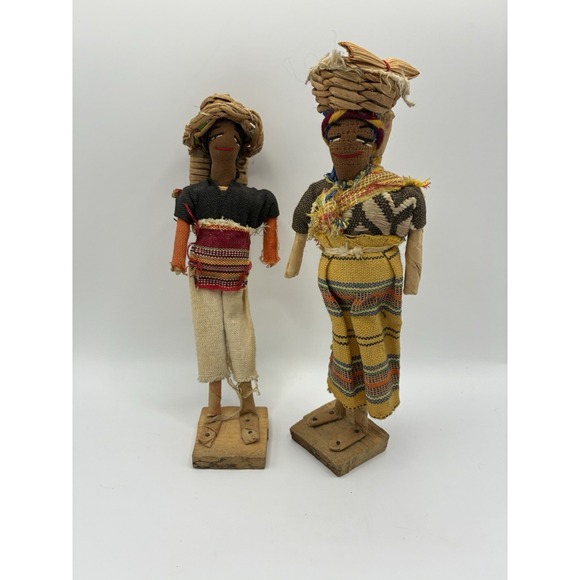 Other - 2 Vintage Handmade Guatemalan Folk Art Cloth Dried Hay Stick Doll Figures 9"